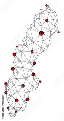 Polygonal mesh lockdown map of Sweden. Abstract mesh lines and locks form map of Sweden. Vector wire frame 2D polygonal line network in black color with red locks.