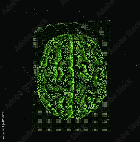 3D vector illustration of brain made of pixels and particles. Concept of neural network, neurology and neuroscience.