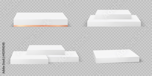 Podium realistic 3d render collection on transparent background. Square empty stages and pedestals