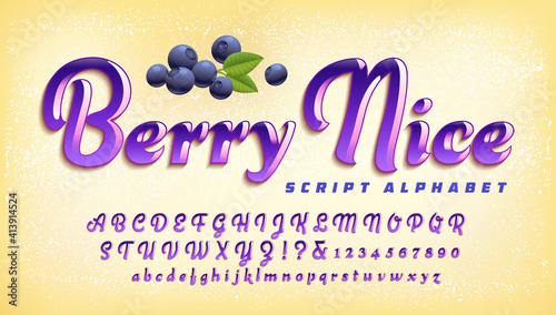 Berry Nice script alphabet with 3d lighting effects and shadow, with blueberry and leaf artwork.