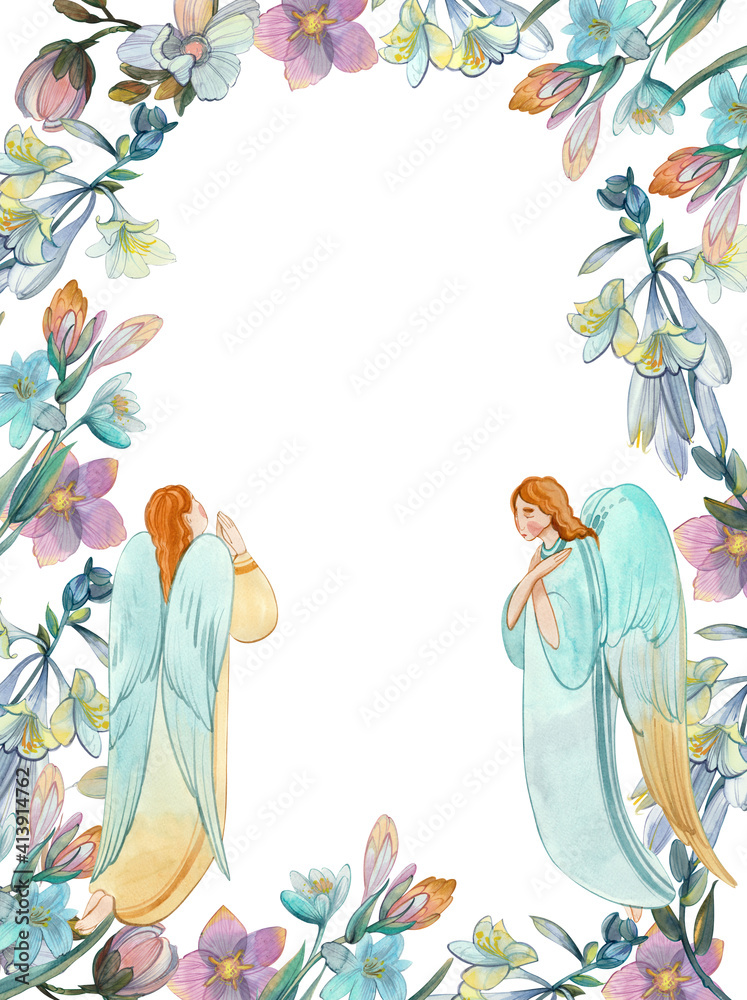 Floral frame with praying angels hand drawn in watercolor isolated on ...