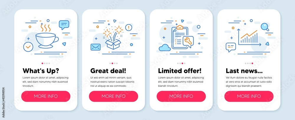 Set of Business icons, such as Coffee cup, Fireworks, Spanner symbols. Mobile screen app banners. Graph line icons. Hot drink, Pyrotechnic salute, Repair service. Presentation diagram. Vector Set of Business icons, such as Coffee cup, Fireworks, Spanner symbols. Mobile screen app banners. Graph line icons. Hot drink, Pyrotechnic salute, Repair service. Presentation diagram. Vector