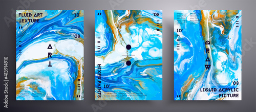 Abstract liquid poster, fluid art vector texture collection. Trendy background that can be used for design cover, poster, brochure and etc. Blue, white and orange unusual creative surface template
