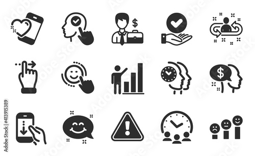 Meeting time, Businessman case and Customer satisfaction icons simple set. Recruitment, Touchscreen gesture and Heart signs. Time management, Approved checkbox and Select user symbols. Vector