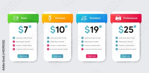 Business icons set. Price table chart, business plan template. Included icon as Lightweight, Friend, Message signs. Printer flat icons. Feather nib, Love, Speech bubble. Printing device. Vector