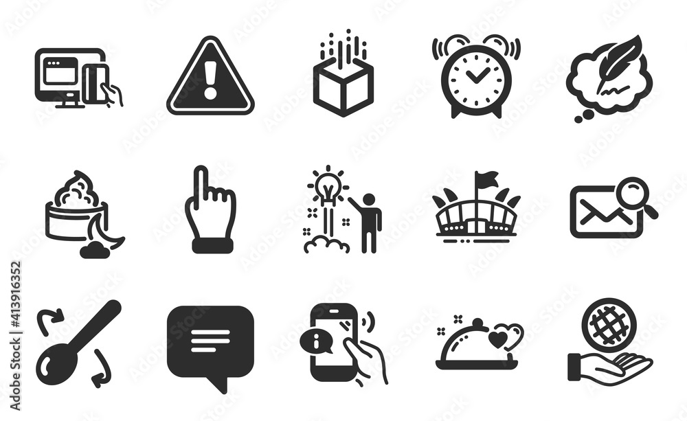 Safe planet, Augmented reality and Night cream icons simple set. Search mail, Copyright chat and Arena signs. Cooking spoon, Alarm clock and Text message symbols. Flat icons set. Vector