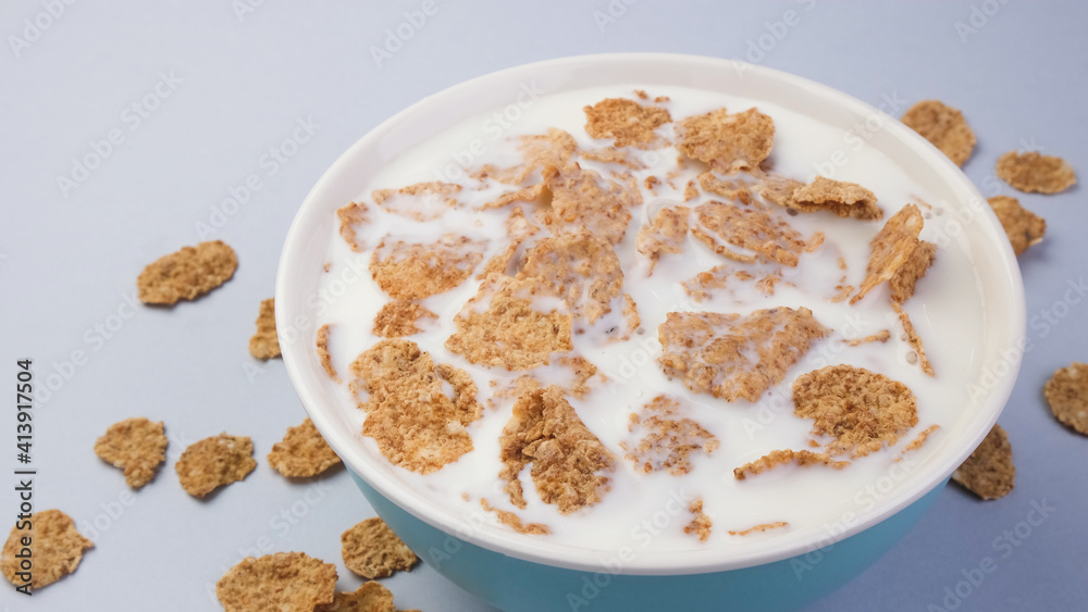 Bowl of bran flakes with milk, cereal breakfast Bowl of bran flakes with milk, cereal breakfast