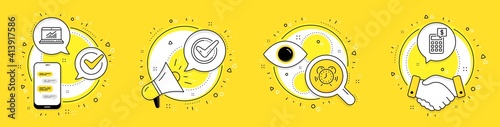 Confirmed, Online statistics and Time management line icons set. Cell phone, megaphone and deal vector icons. Calculator sign. Accepted message, Computer data, Alarm clock. Money management. Vector