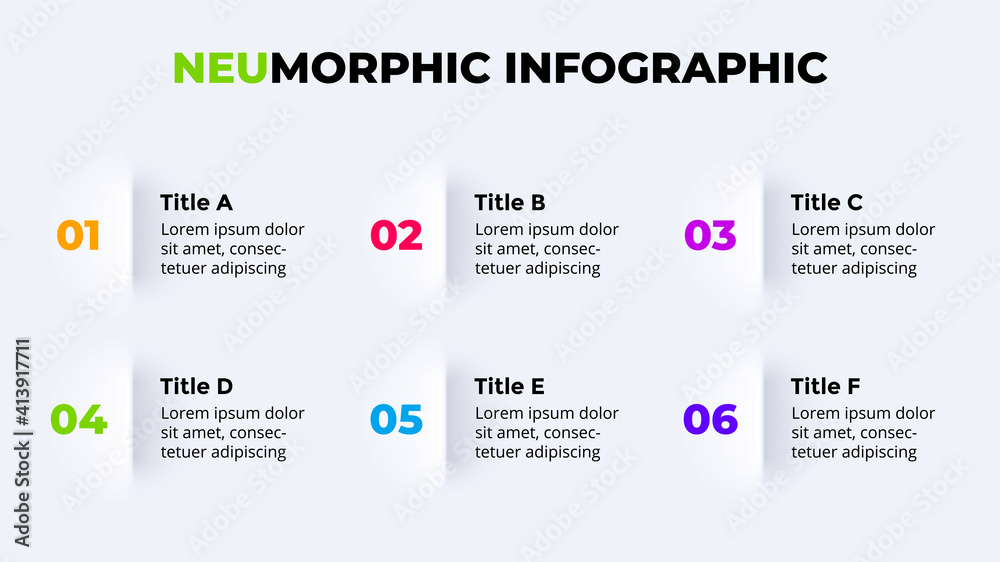 Neumorphic Vector Infographic. Presentation slide template. Neumorphism ui design. 6 options.