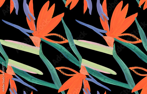 Pattern with royal Strelitzia on a black background drawn in a naive style in gouache for textile and design