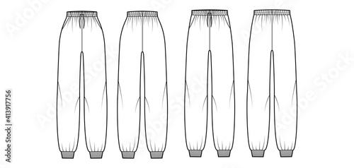 Set of Sweatpants technical fashion illustration with elastic cuffs, normal low waist, high rise, full length, drawstrings. Flat training apparel template front, back white color. Women men CAD mockup