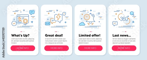 Set of Technology icons, such as Lightning bolt, Seo certificate, Time management symbols. Mobile app mockup banners. 360 degree line icons. Messenger, Statistics, Alarm clock. Virtual reality. Vector