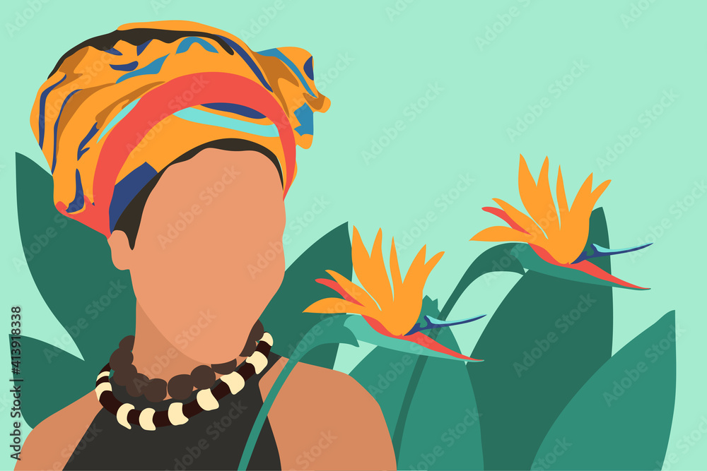 Modern, minimalistic, faceless female portrait against a background of tropical flowers. Vector, summer illustration in a flat style.
