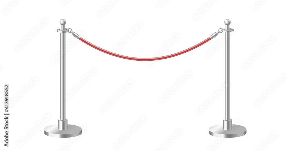 Control barrier with red rope on silver stanchions. Realistic 3d template element isolated Control barrier with red rope on silver stanchions. Realistic 3d template element isolated