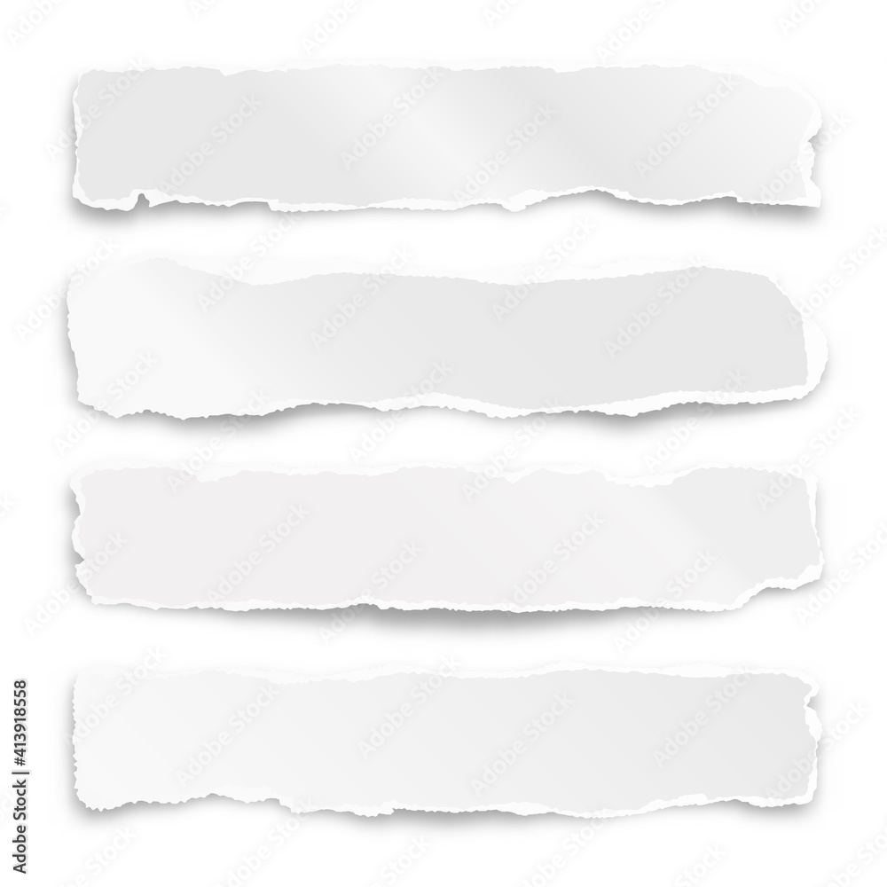 Ripped paper strips isolated on white background. Realistic crumpled paper scraps with torn edges. Shreds of notebook pages. Vector illustration. Ripped paper strips isolated on white background. Realistic crumpled paper scraps with torn edges. Shreds of notebook pages. Vector illustration.