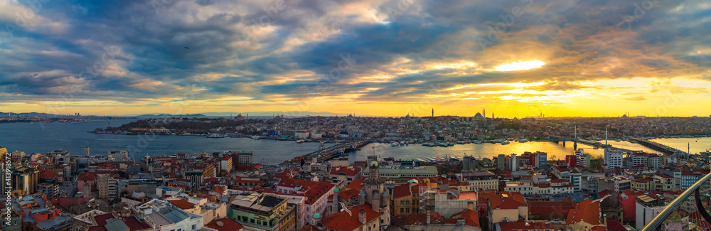 Panoramic view of Istanbul at sunset from Galata Tower. Istanbul banner size background photo