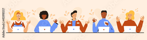 Set of Business people Meditating, Practicing Yoga Meditation at Workplace Sitting in front of laptop. Office workers or freelancers relax and meditate. Relaxation, Positive, Mind Tranquility