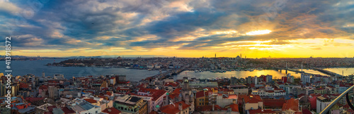 Panoramic view of Istanbul at sunset from Galata Tower. Istanbul banner size background photo