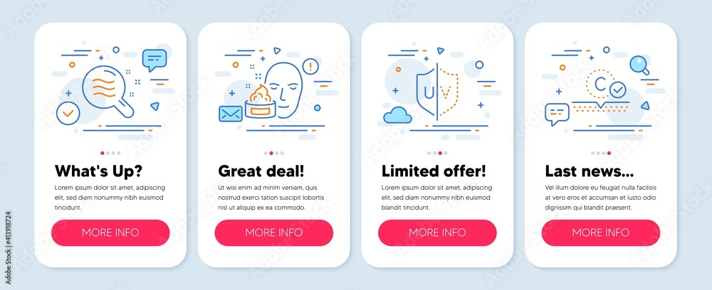 Set of Beauty icons, such as Skin condition, Uv protection, Face cream symbols. Mobile app mockup banners. Collagen skin line icons. Search magnifier, Ultraviolet, Gel. Skin condition icons. Vector