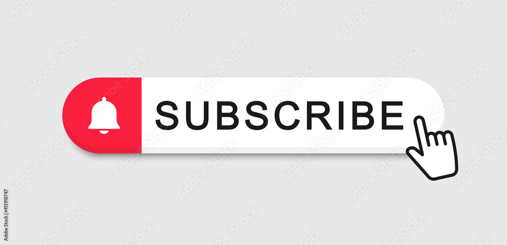 Subscribe button with hand cursor. Subscribe to video channel. Web button for promotion and marketing. Vector illustration. Subscribe button with hand cursor. Subscribe to video channel. Web button for promotion and marketing. Vector illustration.