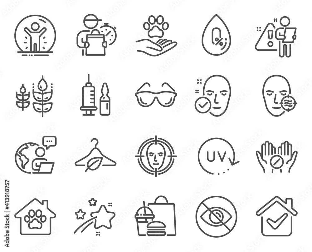 Healthcare icons set. Included icon as Pets care, Problem skin, Medical tablet signs. Uv protection, Pet shelter, Health skin symbols. Face detect, Slow fashion, Not looking. Eyeglasses. Vector