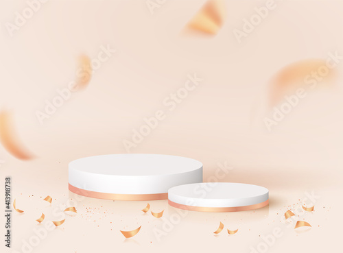 Realistic podium, pedestal template design with confetti. Vector celebration golden confetti ceremony