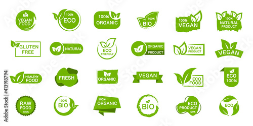 Set of organic, eco, vegan, bio food labels. Collection logos for healthy food. Green emblems for promotion natural products. Vector illustration. photo