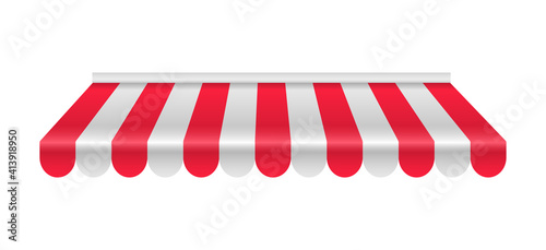 Realistic striped awning. Red and white sunshade. Shelter for the store. Outdoor tent for shop, market and cafe. Vector illustration.