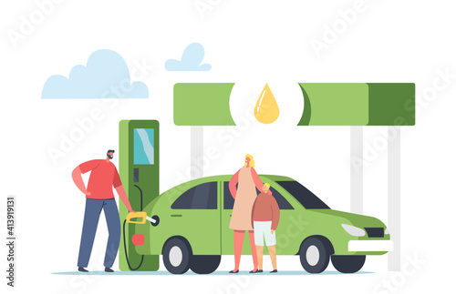 Worker Pump Eco Petrol, Gasoline for Charging Auto to Woman with Child. Character Refueling Car with Biofuel on Station