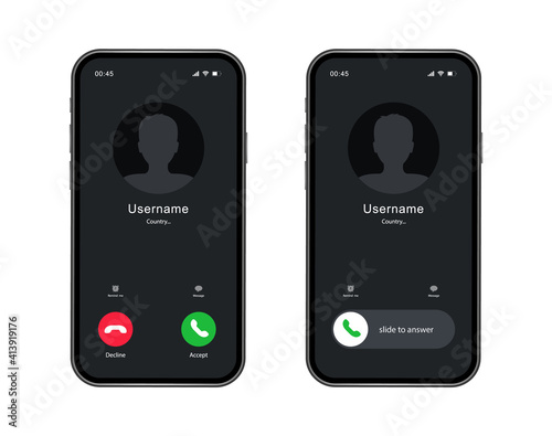 Phone call screen interface. Incoming call template on smartphone. Mobile phone display. Vector illustration. photo