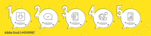 Load document, Graph phone and Approved message line icons set. Timeline process infograph. Medical phone sign. Download arrowhead, Mobile statistics, Accepted chat. Mobile medicine. Vector