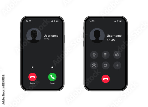 Phone call screen interface. Incoming call template on smartphone. Received incoming call on mobile phone display. Vector illustration.