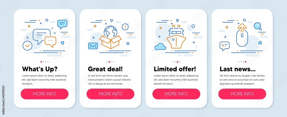 Set of Technology icons, such as Employees messenger, Delivery service, Ship symbols. Mobile screen mockup banners. Swipe up line icons. Vector
