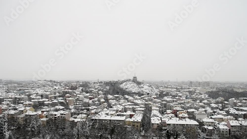 Snow in Plovdiv, Bulgaria, Danov hill, house of culture Boris Hristov photo