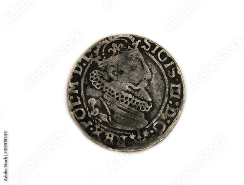 Medieval polish silver coin on white background isolated