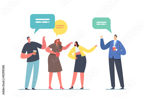 People Communicating with Speech Bubbles during Meetup Coffee Break. Young Men and Women Chatting to Each Other