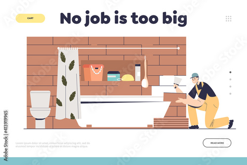 Renovation and repair work concept of landing page with tiler laying ceramic tiles in bathroom