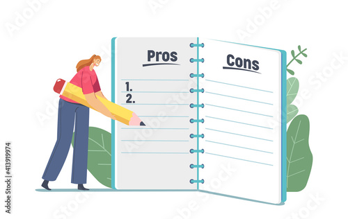 Tiny Female Character Writing at Huge Notebook Sheet Pros and Cons of Something in Column List Using Huge Pencil