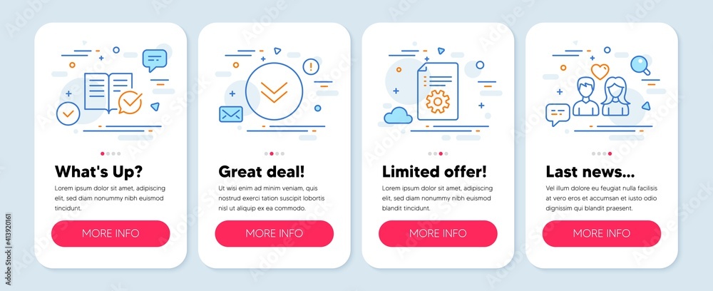 Set of Business icons, such as Technical documentation, Scroll down, Approved documentation symbols. Mobile screen app banners. Couple love line icons. Manual, Swipe arrow, Instruction book. Vector
