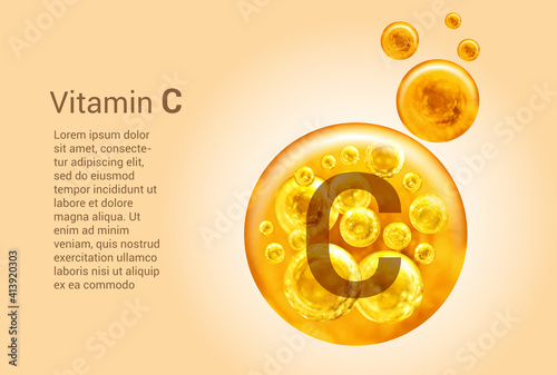 Vitamin C. Baner with vector images of golden balls with oxygen bubbles. Health concept.