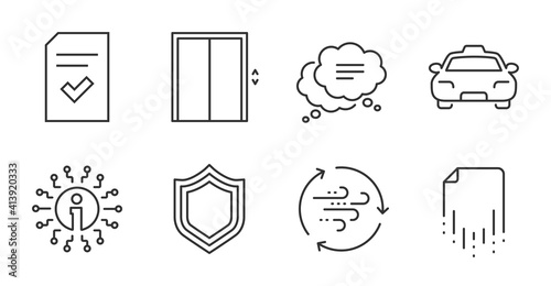 Checked file, Wind energy and Recovery file line icons set. Info, Text message and Taxi signs. Lift, Security symbols. Correct document, Breeze power, Backup document. Business set. Vector