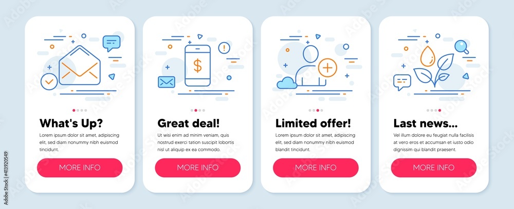 Set of line icons, such as Mail, Smartphone payment, Add user symbols. Mobile app mockup banners. Plants watering line icons. E-mail, Mobile pay, Profile settings. Water drop. Mail icons. Vector