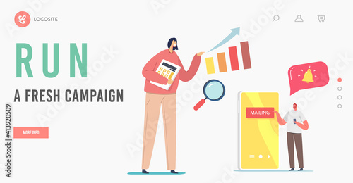 Digital Marketing Landing Page Template. Business Characters Sending Emails to Clients.Tiny Business Man Mailing