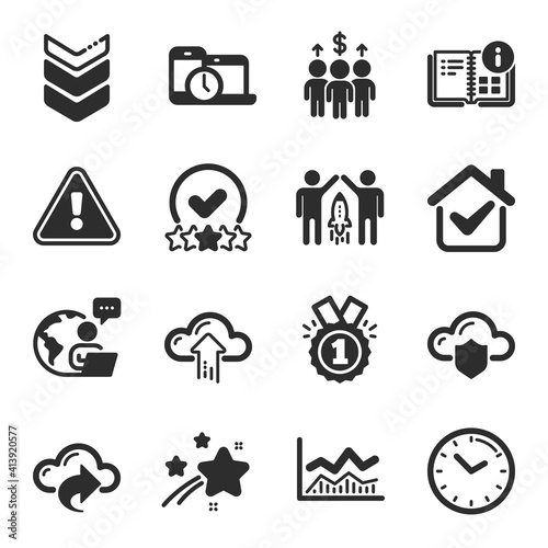 Set of Education icons, such as Cloud protection, Trade infochart, Approved symbols. Cloud upload, Rating stars, Partnership signs. Shoulder strap, Meeting, Time. Time management. Vector