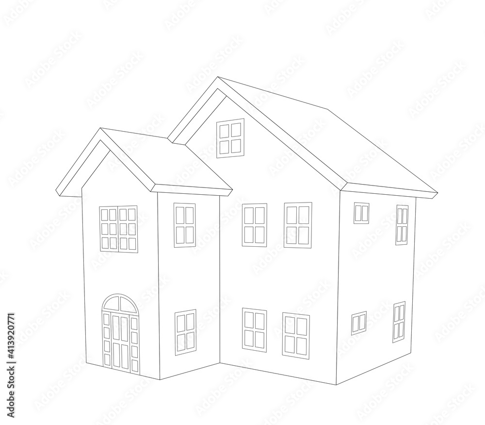 Fototapeta premium two story house outline, black and white 3d illustration