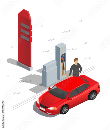 Flat illustration car refueling with diesel fuel, gasoline heater. Isometric.