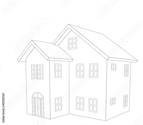 two story house outline, black and white 3d vector illustration
