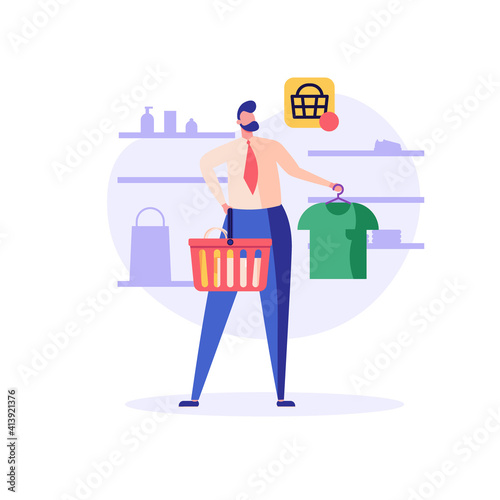 Man stands with a T-shirt and shopping cart, makes choice. Concept of online shopping, big choice, clothing store, internet trade, clothing business, fashion. Vector illustration in flat design