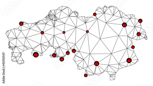 Polygonal mesh lockdown map of North Brabant Province. Abstract mesh lines and locks form map of North Brabant Province. Vector wire frame 2D polygonal line network in black color with red locks.