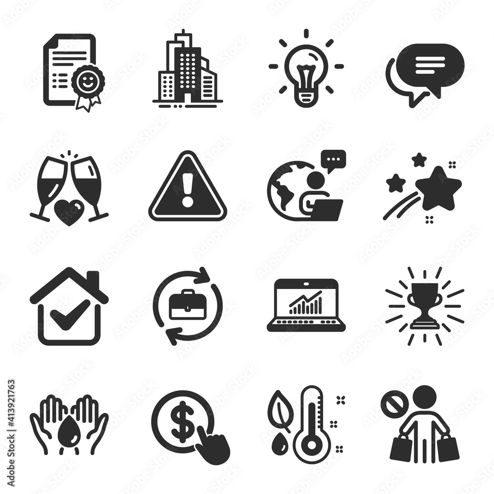 Set of Business icons, such as Stop shopping, Trophy, Thermometer symbols. Idea, Smile, Skyscraper buildings signs. Online statistics, Human resources, Buy currency. Safe water flat icons. Vector Set of Business icons, such as Stop shopping, Trophy, Thermometer symbols. Idea, Smile, Skyscraper buildings signs. Online statistics, Human resources, Buy currency. Safe water flat icons. Vector